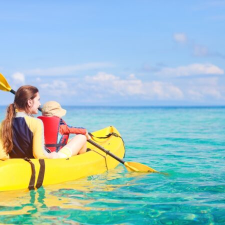 Mother and son kayaking